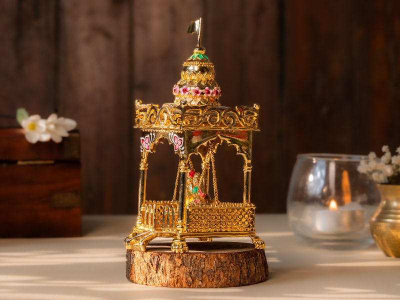 Handmade Enamel gold-plated Brass Radha Krishna Idol in Mandhir on Swing. Semi-Large Statue