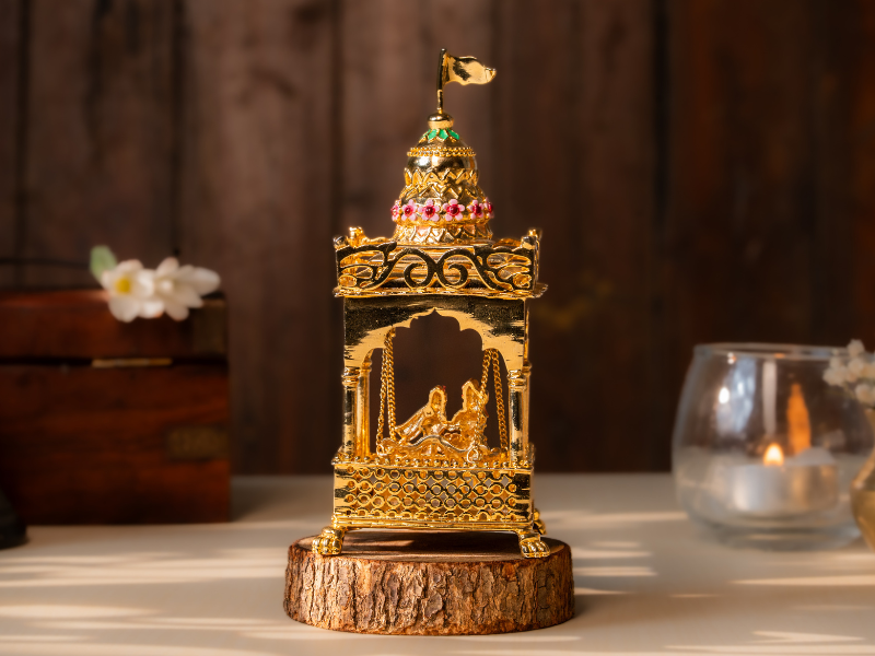 Handmade Enamel gold-plated Brass Radha Krishna Idol in Mandhir on Swing. Semi-Large Statue