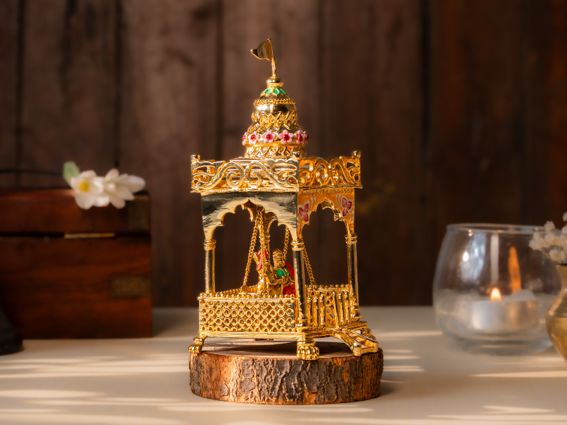 Handmade Enamel gold-plated Brass Radha Krishna Idol in Mandhir on Swing. Semi-Large Statue