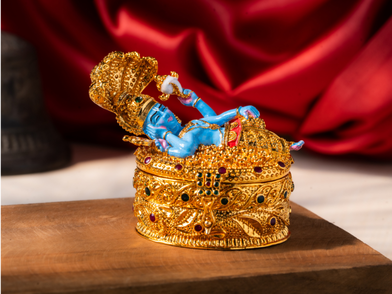Handmade Enamel gold plated Brass Vishnu Idol. Medium Statue