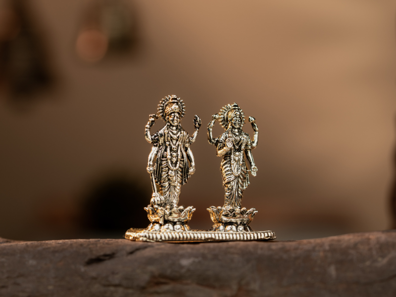 Silver Oxidised Brass Lakshmi Narayan Idol. Small Statue