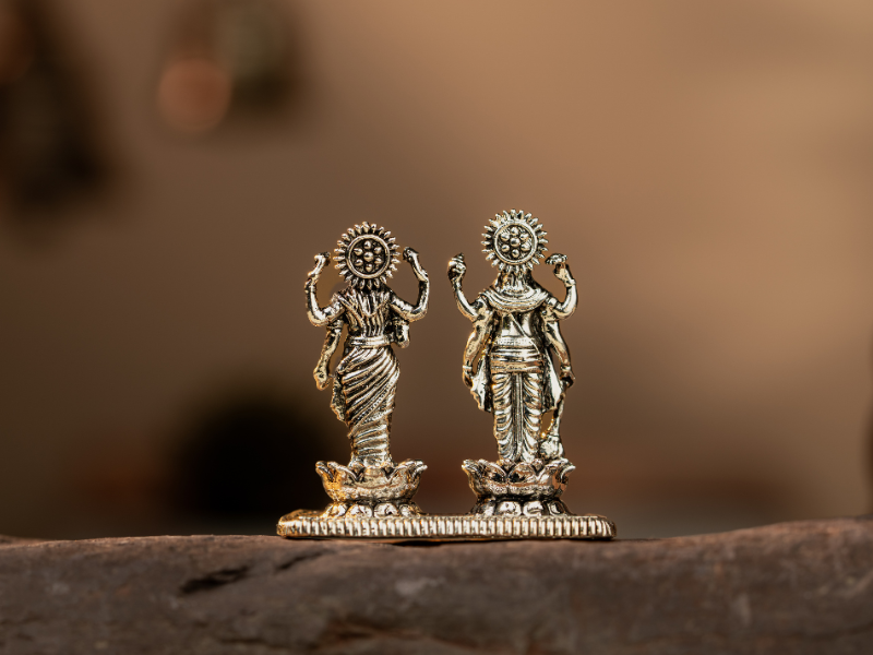 Silver Oxidised Brass Lakshmi Narayan Idol. Small Statue