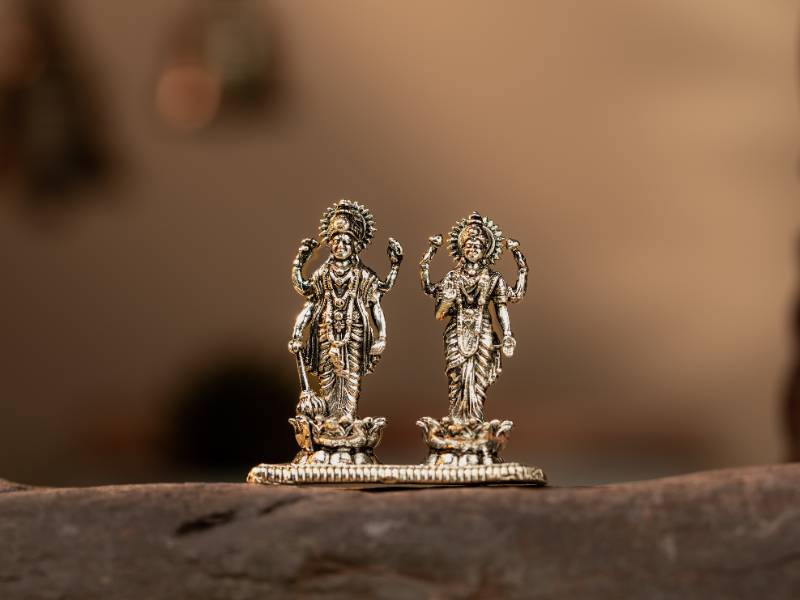 Silver Oxidised Brass Lakshmi Narayan Idol. Small Statue