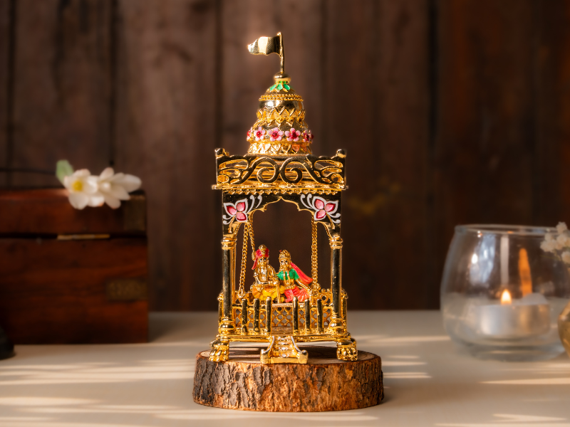 Handmade Enamel gold-plated Brass Radha Krishna Idol in Mandhir on Swing. Semi-Large Statue