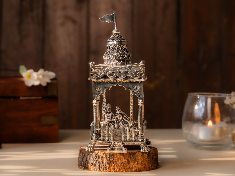 Silver Oxidised Brass Radha Krishna Idol in Mandhir on Swing. Semi-Large Statue