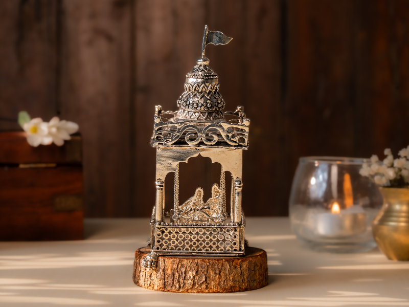 Silver Oxidised Brass Radha Krishna Idol in Mandhir on Swing. Semi-Large Statue