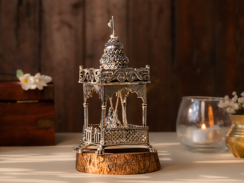 Silver Oxidised Brass Radha Krishna Idol in Mandhir on Swing. Semi-Large Statue